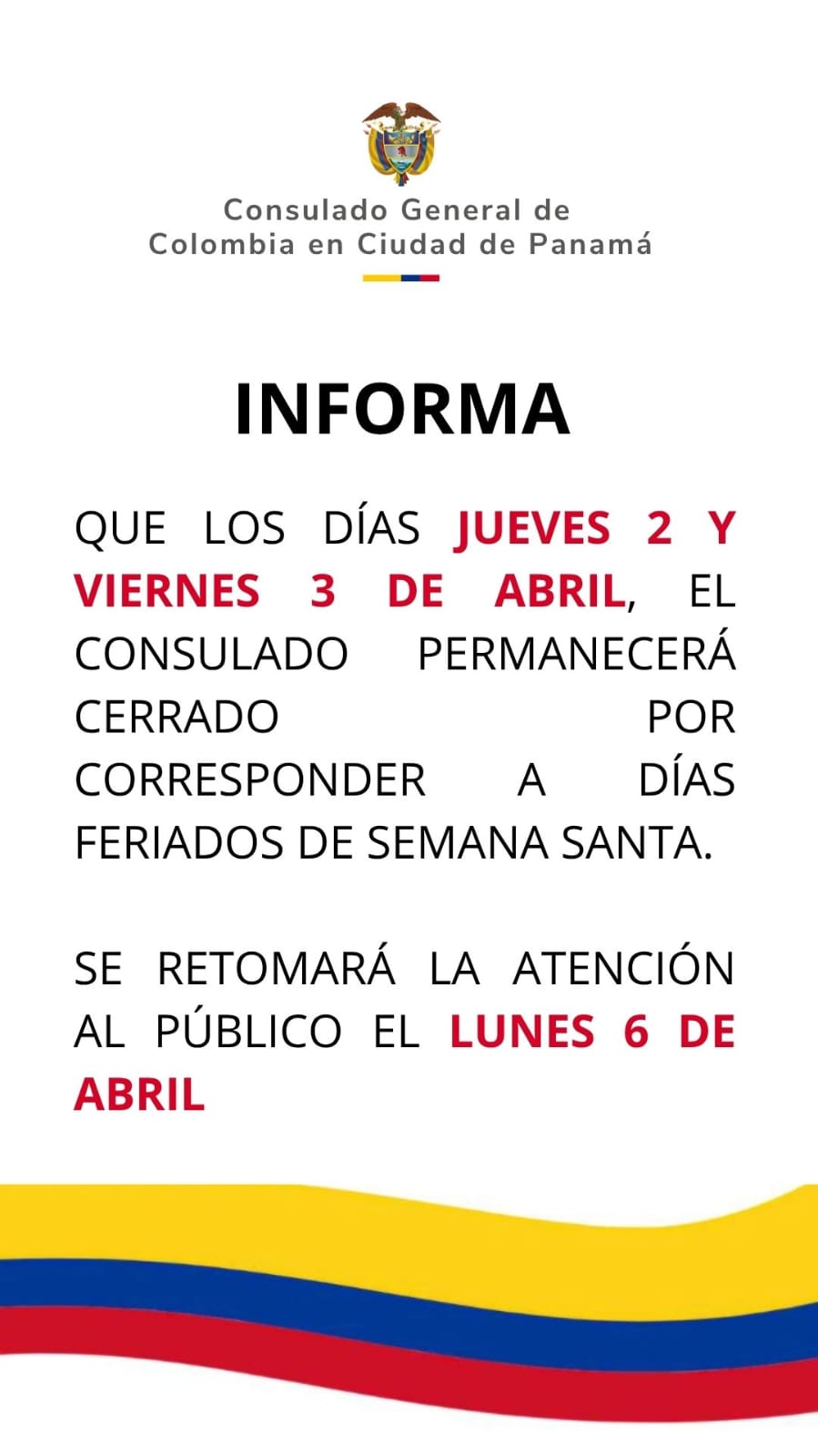 Atención por días festivos en el Consulado de Colombia en Panamá