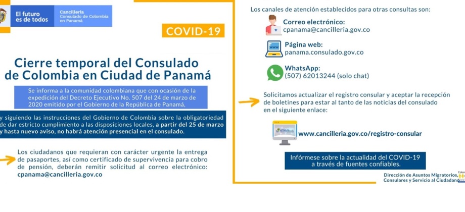 El Consulado de Colombia en Ciudad de Panamá interrumpe temporalmente la atención presencial al público ante la emergencia por el COVID-19 