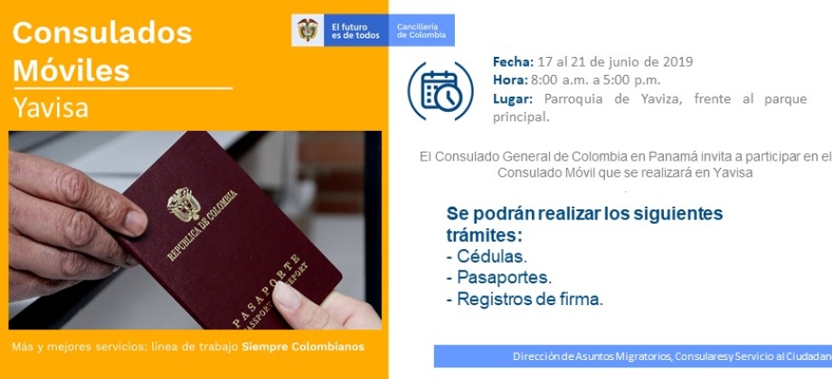 Consulado de Colombia en Panamá realizará la jornada del Consulado Móvil en Yavisa del 17 al 21 de junio 