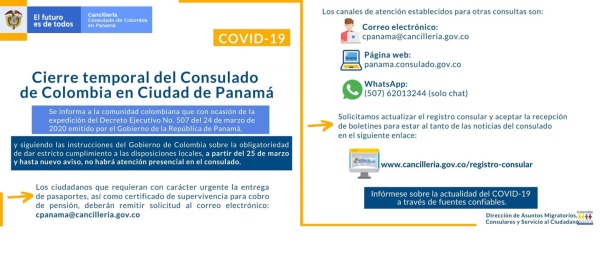 El Consulado de Colombia en Ciudad de Panamá interrumpe temporalmente la atención presencial al público ante la emergencia por el COVID-19 